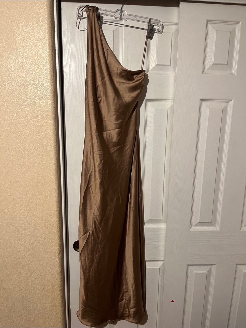 Zara One-Shoulder Satin Maxi Dress in Bronze